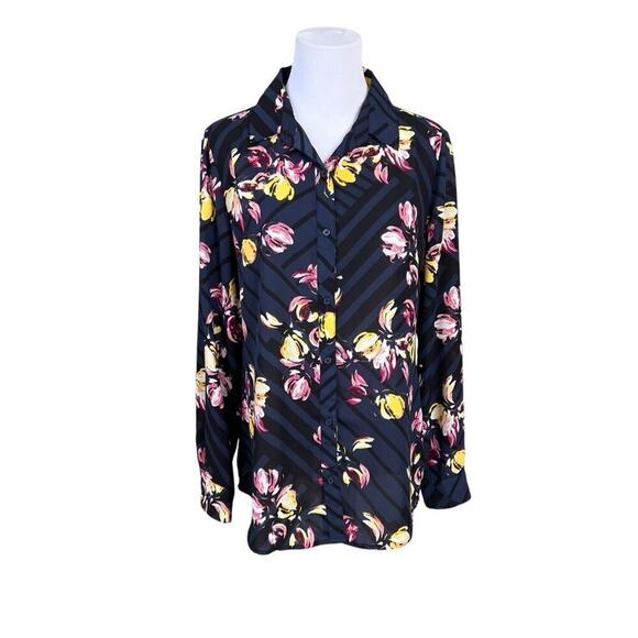 Banana Republic Blue Lattice Floral Print Collar Classic Fit Blouse MEDIUM - Picture 1 of 9
